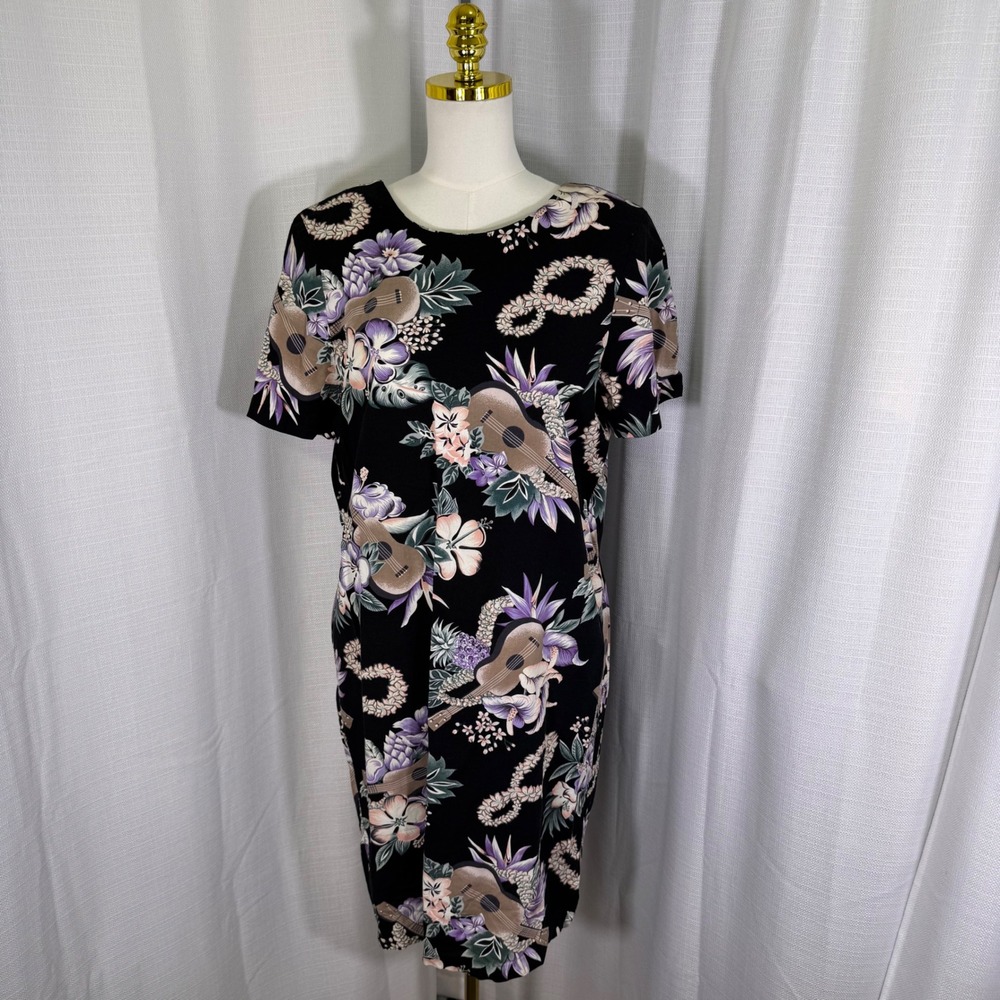 VTG Hilo Hattie Shift Dress Medium Ukulele Hibiscus Tropical Hawaiian USA Made